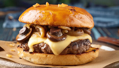 Hamburger steak topped with melted cheese, sautéed mushrooms and caramelized onions on a toasted bun.