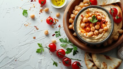  A white table holds a bowled hummus, pita chips, tomatoes, and olives against a pristine white background