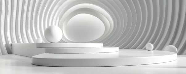 Obraz premium Abstract white circular background with a sphere and a podium.