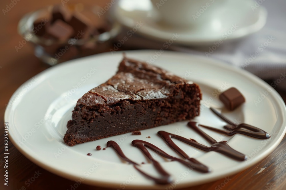 Wall mural a piece of brownie cake with melted chocolate on a white plate