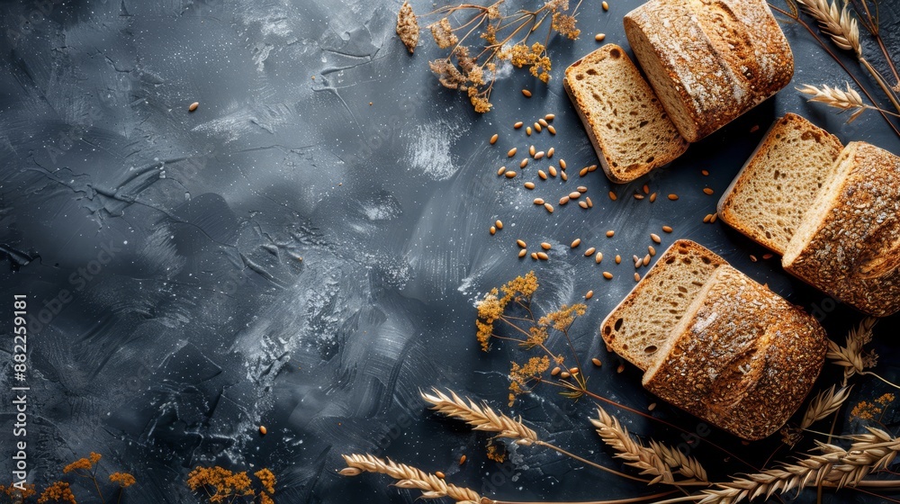 Wall mural  A loaf of bread sits on a table, near a bunch of oat ears