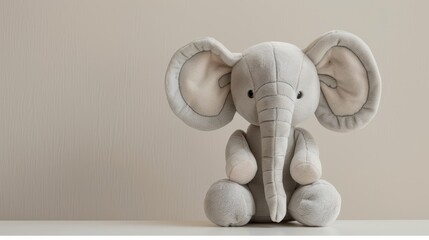 An elephant plush toy sits atop a white table, with a gray wall nearby and a white background behind it
