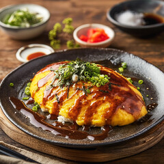 Omurice on dish set against sauce blur background.