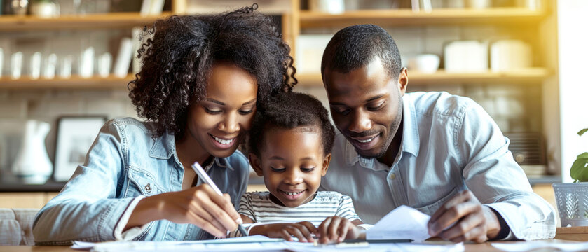 Happy family of three bonding and helping child with homework at