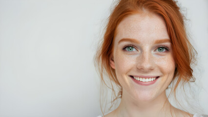 Naklejka premium Portrait of beautiful young redhead woman with freckles on her face