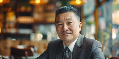 Fototapeta premium Businessman in a Modern Cafe, Smiling Confidently, Wearing a Suit and Tie