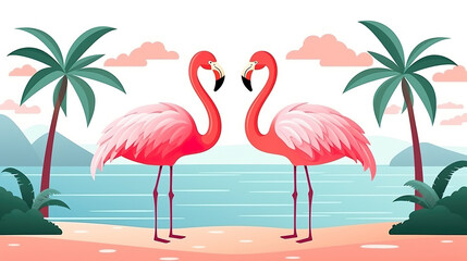 solitary pair of flamingos in the sea against a white background