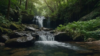 A small waterfall cascades down rocks in the middle of a dense forest Surrounded by green foliage, the water flows peacefully into a small pool below.