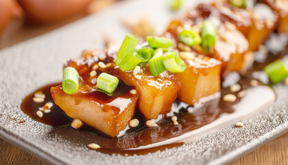 Savory umami flavors of crispy pork belly with hoisin sauce and scallions, Chinese cuisine.