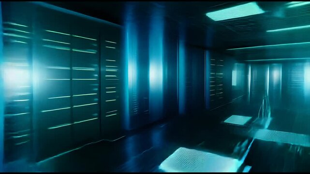 Futuristic data center with towering server racks and digital pathways in blue and green tones