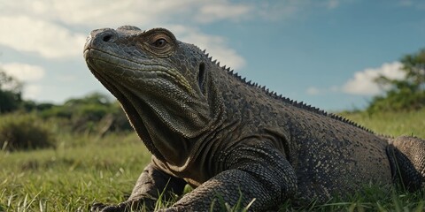 Fototapeta premium A Komodo dragon laying in the grass, looking up at the sky.