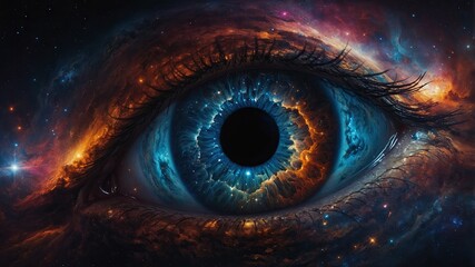 A mesmerizing image capturing an eye reflecting a vivid, star-filled galaxy, merging the beauty of human and cosmic wonders.