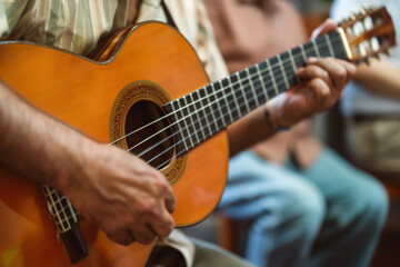 Acoustic Guitarist Strumming Strings During Live Performance in Relaxed Setting
