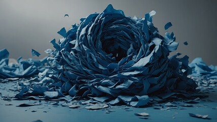 A heap of torn azure sheets, representing the chaos and fragility of the human mind, yet possessing a raw and captivating beauty that cannot be ignored.