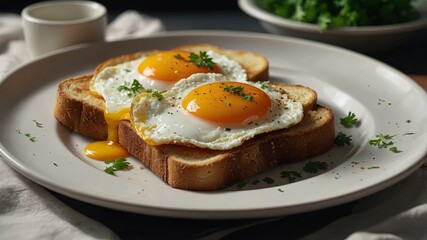 A white plate topped with two pieces of toast with fried eggs on top, garnished with parsley.