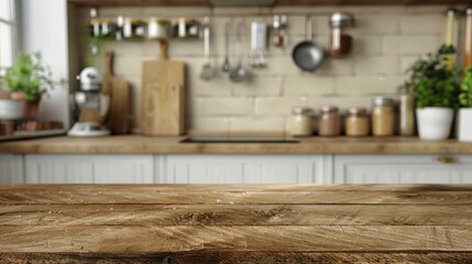 Rustic Kitchen Countertop with Blurred Background