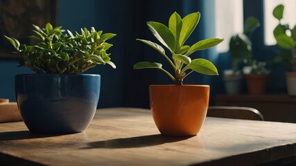 Fototapeta premium A small orange pot with a plant sits on a table next to a blue cup.