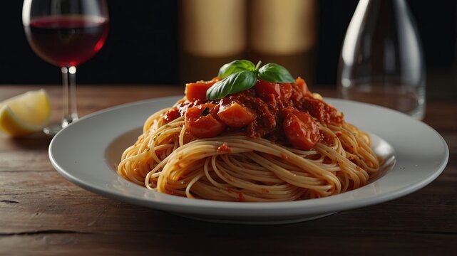 A plate of spaghetti with tomato sauce and a glass of wine Perfect for Italian cuisine or food and drink concepts.