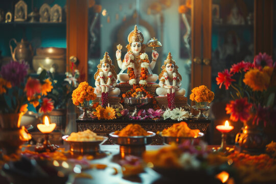 Lakshmi, kubera and ganesha idols on diwali festival day with flowers, lights and offerings