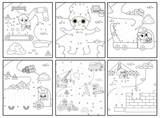 Vector black and white dot-to-dot and color activity set with construction site scene. Building works connect the dots games or coloring page collection for children with industrial vehicle