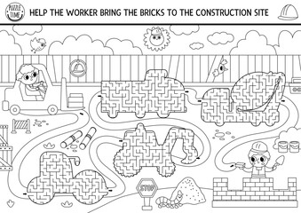 Obraz premium Construction site black and white geometrical mazes for kids with industrial landscape, labyrinths shaped as trucks. Building works printable activity. Repair service game, coloring page