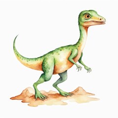 Fototapeta premium Cute Green Compsognathus Watercolor Illustration.
