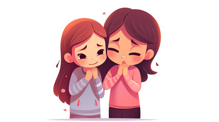 Girl sitting alone on a white background, comforting her friend who is crying