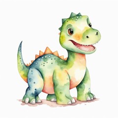 Fototapeta premium Cute Green Dinosaur Cartoon Watercolor Illustration.