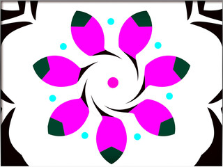 Bright pink, green-tipped petals and black swirling curves create a mesmerizing circular pattern, set against a white background with turquoise dots