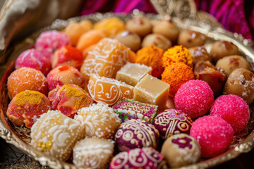 Assortment of delicious indian sweets arranged on a golden tray, celebrating the festival of diwali with vibrant colors and flavors