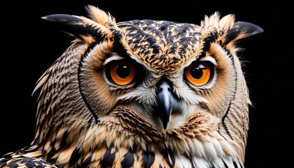 Obraz premium An owl with striking orange eyes stares directly at the camera.