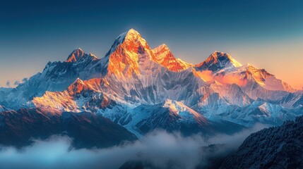 A peaceful sunrise over the Himalayas, with the first light of day breaking over the majestic peaks, casting a soft, golden glow on the snow-covered mountains. The sky is a gradient of blue and © MelodyStock