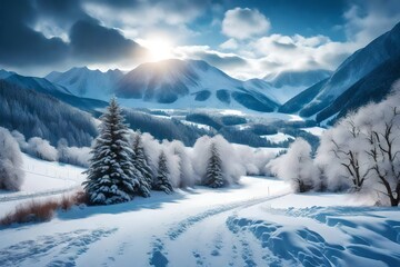 Fantastic winter landscape. Dramatic overcast sky. Creative collage. Beauty world.