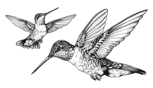recommend clip art: Vintage ink sketch illustration of isolated hummingbird set, engraving of tropical colibri bird silhouette, black and white hand-drawn vector image background, exotic bird, bird drawing