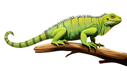 Obraz premium Isolated green iguana on a branch against a white background