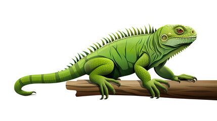 Isolated green iguana on a branch against a white background