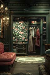 Naklejka premium Elegant Vintage Walk-In Closet with Floral Wallpaper and Luxurious Clothing Display