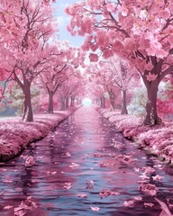 Naklejka premium A riverbank lined with blooming ATM receipts in a tranquil park theme, front view, symbolizing financial growth, futuristic tone, Complementary Color Scheme