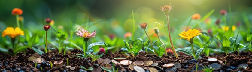 A field of flowers growing from soil mixed with coins in a sunny meadow theme, front view, symbolizing natural wealth, futuristic tone, Complementary Color Scheme