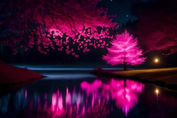 Pink tree and pond in the forest at night. Photomanipulation.
