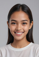 Fototapeta premium Portrait view of a regular happy smiling Indonesia girl, ultra realistic, candid, social media, avatar image, plain solid background