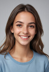 Fototapeta premium Portrait view of a regular happy smiling Israel girl, ultra realistic, candid, social media, avatar image, plain solid background