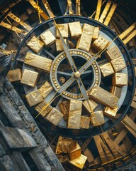 Obraz premium A clock tower striking with hands made from gold bars in a medieval village theme, front view, symbolizing timeless wealth, futuristic tone, Complementary Color Scheme