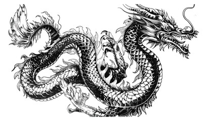 Japanese Dragon vintage engraving illustration, Chinese character dragon background tattoo silhouette art, snake ink sketch, mythical creature ancient culture traditional symbol, Asian folklore