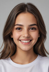 Fototapeta premium Portrait view of a regular happy smiling Lebanon girl, ultra realistic, candid, social media, avatar image, plain solid background