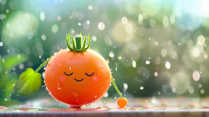 Cute Red Tomato with Smiley Face in Kawaii Style, Happy and Fresh Vegetable on Green Background, Funny Healthy Food.