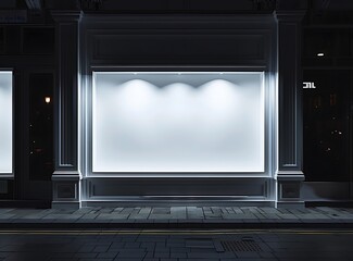 front view of a blank white shop window at night time