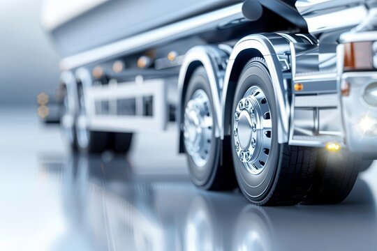 Close-up of a shiny truck trailer's wheels and axles, highlighting the polished chrome and reflections on a glossy floor.