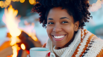 Smiling African American Woman Holding Mug by Campfire, Dressed in Cozy Scarf and Knitted Sweater, Enjoying Warm Beverage at Winter Gathering with Friends.