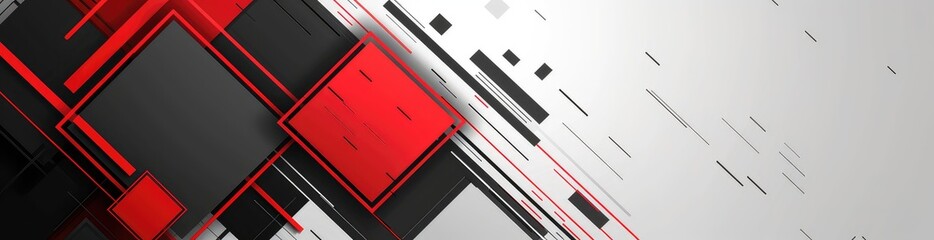 Abstract geometric composition with red and black squares and lines on white background